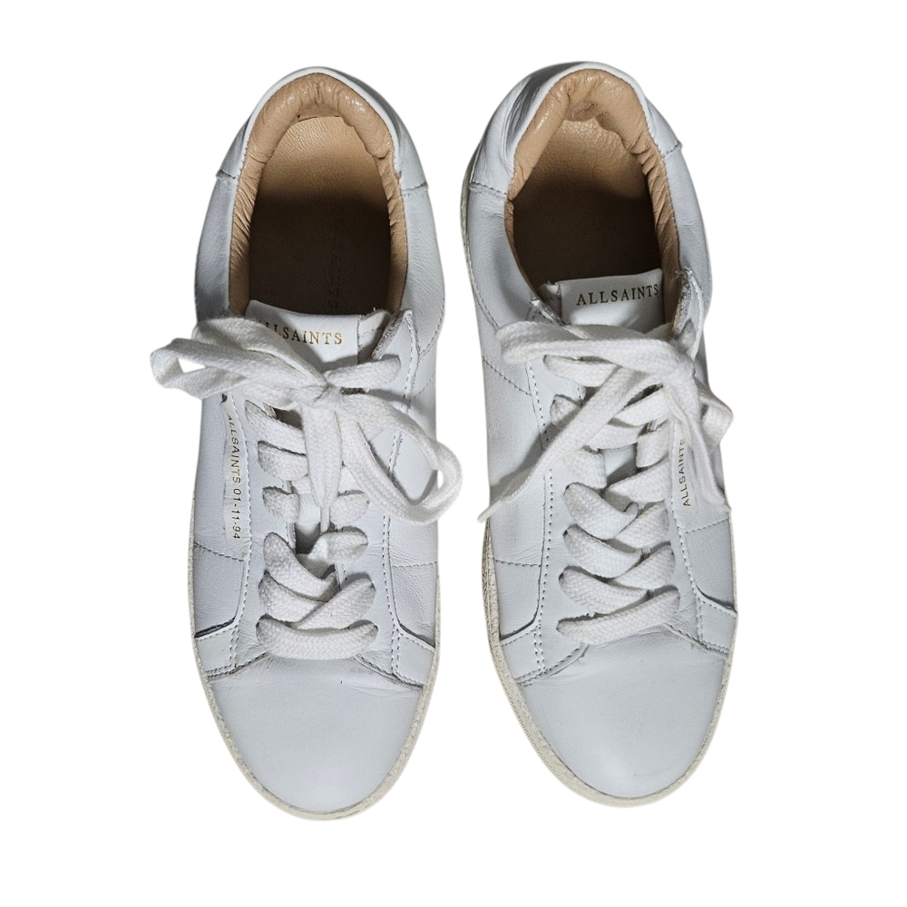 ALLSAINTS Sneaker White Leather Low Top Sheer Tennis Shoe Gold Lettering sz 7 - Picture 6 of 10